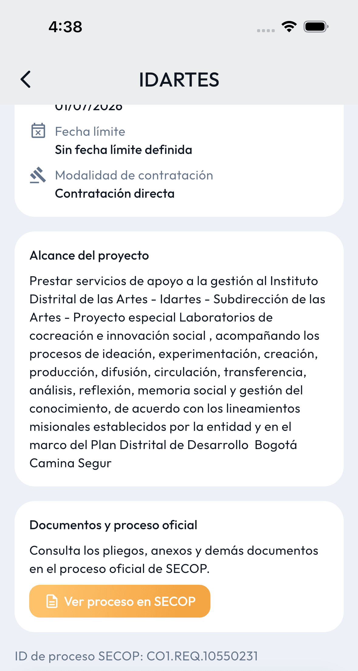 Detalle de licitación con el proceso y los documentos oficiales de SECOP